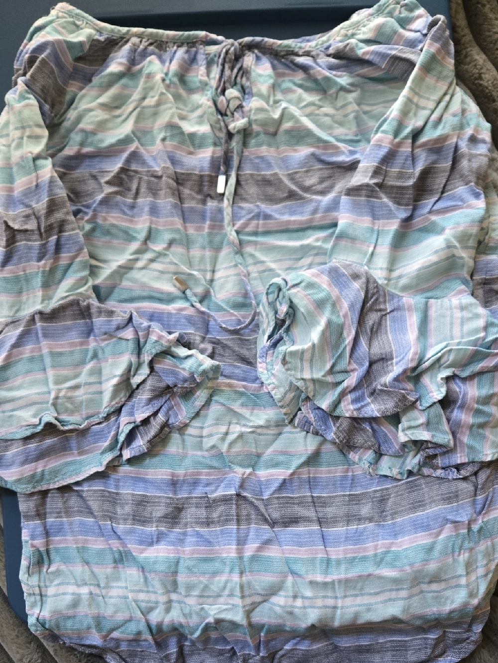 CUPIO Boho Striped High-Low Blouse with Tiered Ruffle Sleeves (BIN 004)